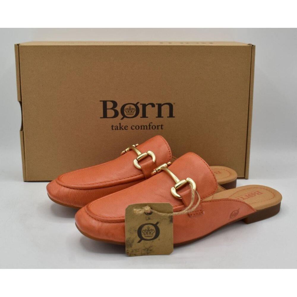 Born Women's Orange Leather Slip-On Mules with Gold Buckle